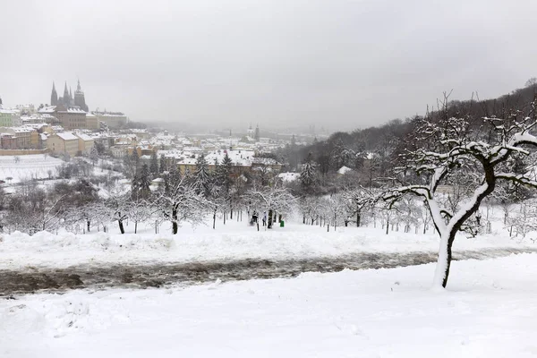 Снежный Туманный Город Готическим Замком Горы Петрин Чехия — стоковое фото