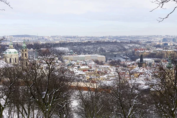 Snowy Prague City Nicholas Cathedral Hill Petrin Sunny Day Czech — стоковое фото