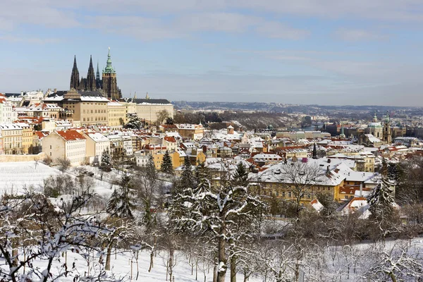 Snowy Prague City Gothic Castle Hill Petrin Sunny Day Czech — Stock Photo, Image