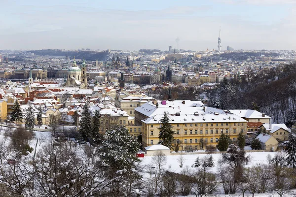 Snowy Prague City Nicholas Cathedral Hill Petrin Sunny Day Czech — Stock Photo, Image