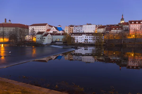 Natt Vinter Kungliga Medeltida Staden Písek Med Slottet Över River — Stockfoto