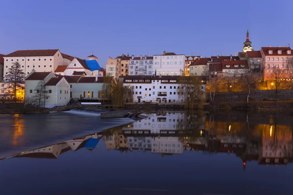 Natt Vinter Kungliga Medeltida Staden Písek Över River Otava Tjeckien — Stockfoto