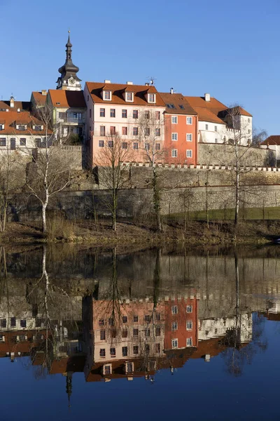 Solig Vinter Kungliga Medeltida Staden Písek Med Slottet Över River — Stockfoto