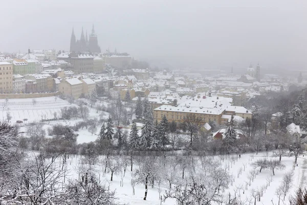 Snowy Mglisty Prague City Gotyckiego Zamku Wzgórze Petrin Republika Czeska — Zdjęcie stockowe