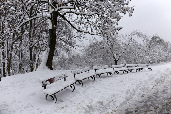 The romantic snow Benches
