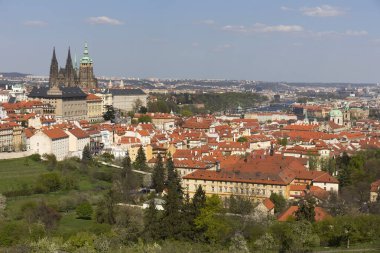 Bahar Prague City ile Gotik Kalesi ve yeşil doğa ve çiçekli ağaçlar, Çek Cumhuriyeti