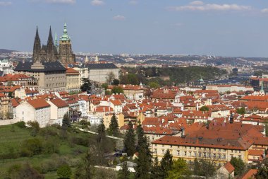 Bahar Prague City ile Gotik Kalesi ve yeşil doğa ve çiçekli ağaçlar, Çek Cumhuriyeti
