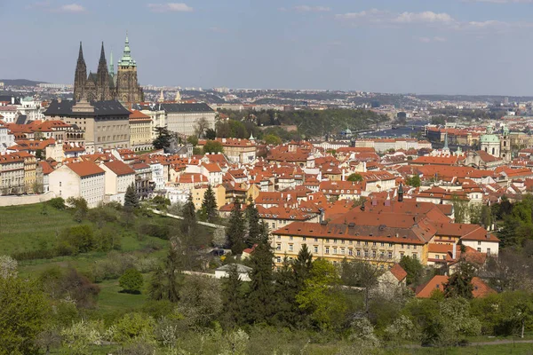 Primavera Praga Città Con Castello Gotico Verde Natura Alberi Fioriti — Foto Stock