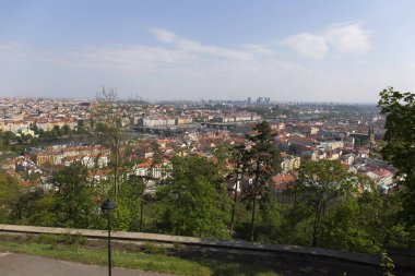 Çek Cumhuriyeti 'nin Petrin Tepesi' nden yeşil doğa ve çiçek açan ağaçlarla İlkbahar Prag Şehri
