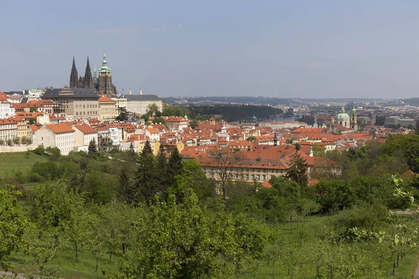 Printemps Prague Ville Avec Château Gothique Nature Verte Des Arbres — Photo