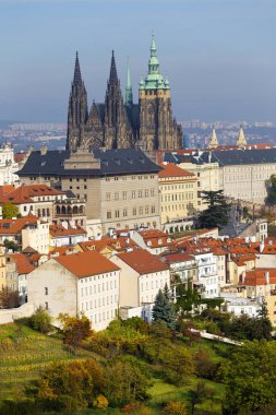 Çek Cumhuriyeti 'nin Petrin Tepesi' nden Gotik Şatosu ve Renkli Doğa ve Ağaçları ile Sonbahar Prag Şehri