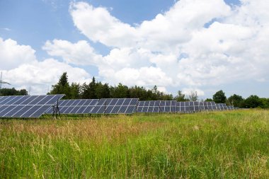 Bahar çiçekli çayırdaki güneş enerjisi santrali 