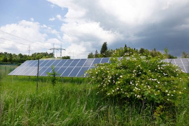 Bahar çiçekli çayırdaki güneş enerjisi santrali 
