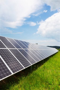 Bahar çiçekli çayırdaki güneş enerjisi santrali 