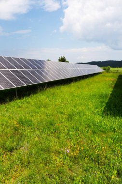 Bahar çiçekli çayırdaki güneş enerjisi santrali 