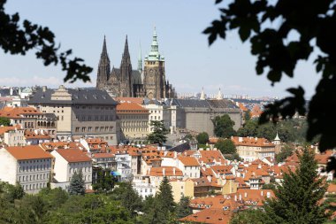 Gotik Şatosu ve Çek Cumhuriyeti 'nin Petrin Tepesi' nden Yeşil Doğa ile Yaz Prag Şehri