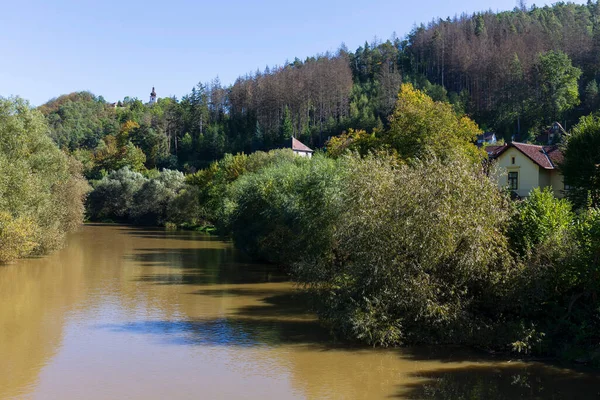 Szláv Erőd Szent Kliment Templom Sazava Folyó Felett Cseh Köztársaság — Stock Fotó