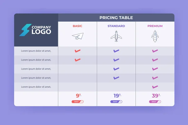 Modern Pricing Table Design Three Subscription Plans Flat Infographic Pricing — Stock Vector