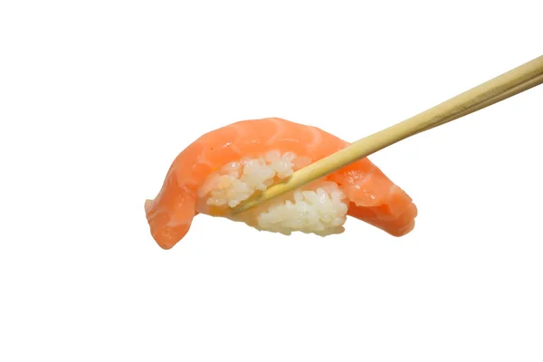 Zachte Focus Zalm Sushi Houten Stokjes Geïsoleerd Witte Achtergrond Met — Stockfoto