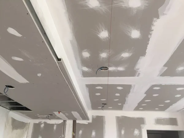 Construção Montar Teto Suspenso Com Drywall Placa Gesso Linha Giz — Fotografia de Stock