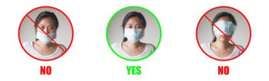 Beyaz arka planda nasıl koruyucu maske takılacağını gösteren genç bir Asyalı kadın. Kırmızı daire yanlış ve yeşil daire hava kirliliğinden veya virüslerden veya hastalıklardan kaçınmanın doğru yolu.