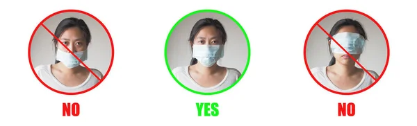 Jovem Mulher Asiática Mostrando Como Usar Máscara Protetora Corretamente Fundo — Fotografia de Stock