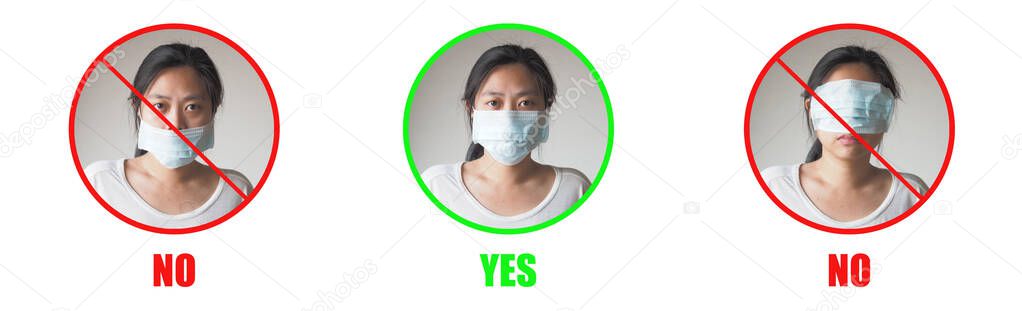 Young Asian woman showing how to wearing protective mask correctly on white background. Red circle are wrong and Green circle is right way to avoiding air pollution or avoiding viruses or illness