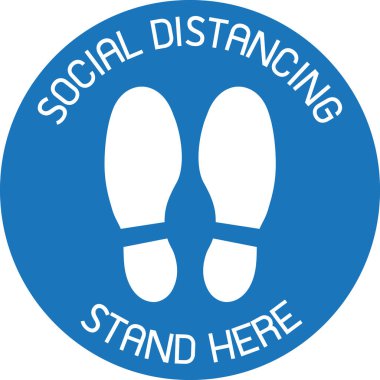 Mavi CAUTION Uygulama Sosyal Mesafe İşareti ve insanlar için semboller bir asansörün belirlenen alanlarında bir sosyal uzaklık işareti olarak duruyor - Sosyal Mesafe işareti kavramı. 