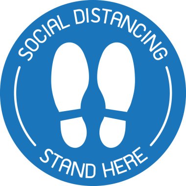 Mavi CAUTION Uygulama Sosyal Mesafe İşareti ve insanlar için semboller bir asansörün belirlenen alanlarında bir sosyal uzaklık işareti olarak duruyor - Sosyal Mesafe işareti kavramı. 