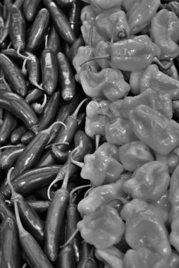 Çiftçi pazarında bir sürü acı biber sergileniyor.