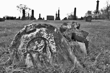Mezarlıktaki kırık bir heykel ve mezar taşıyla kaplı çok eski bir yosun.