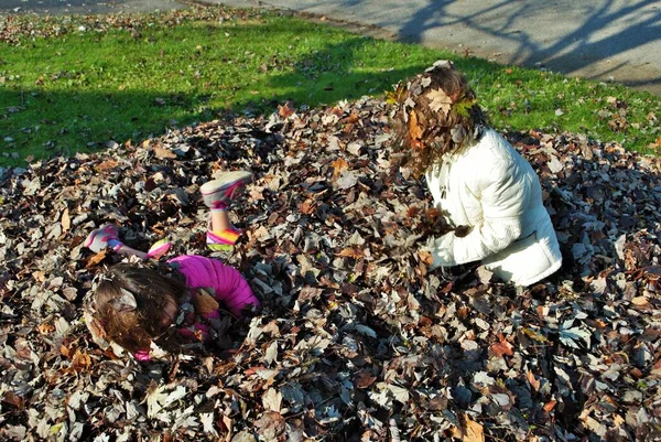 Yaprak yığınında oynayan genç bir kız