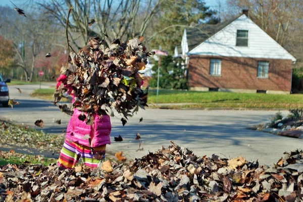 Jovem Brincando Uma Pilha Folhas — Fotografia de Stock