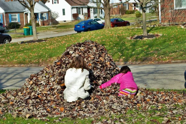 Yaprak yığınında oynayan genç bir kız
