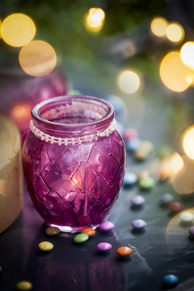 Luces Borrosas Navidad Con Decoración — Foto de Stock