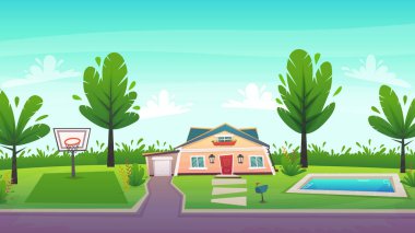 yeşil çim açık yol, çalı çit banliyö ev. komik peasful mutlu köyü aile karikatür tarzı ev manzara. vektör çizim