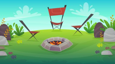 Doğa arka plan capming piknik, çim alan hill. Barbekü sandalye ağaçlar ve çalılar yeşil barış çayır, yaz veya bahar parlak mutlu komik karikatür tarzı vektör duvar kağıdı illüstrasyon