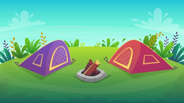 Orman Dinlenme Gıda Picnick Ile Kırmızı Çadır Kamp Çadırı Turizm — Stok Vektör