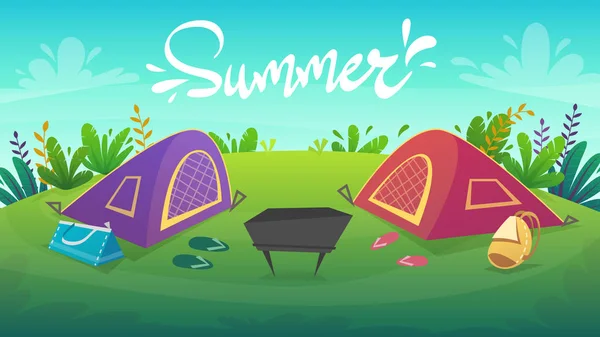 Orman Dinlenme Gıda Picnick Ile Kırmızı Çadır Kamp Çadırı Turizm — Stok Vektör