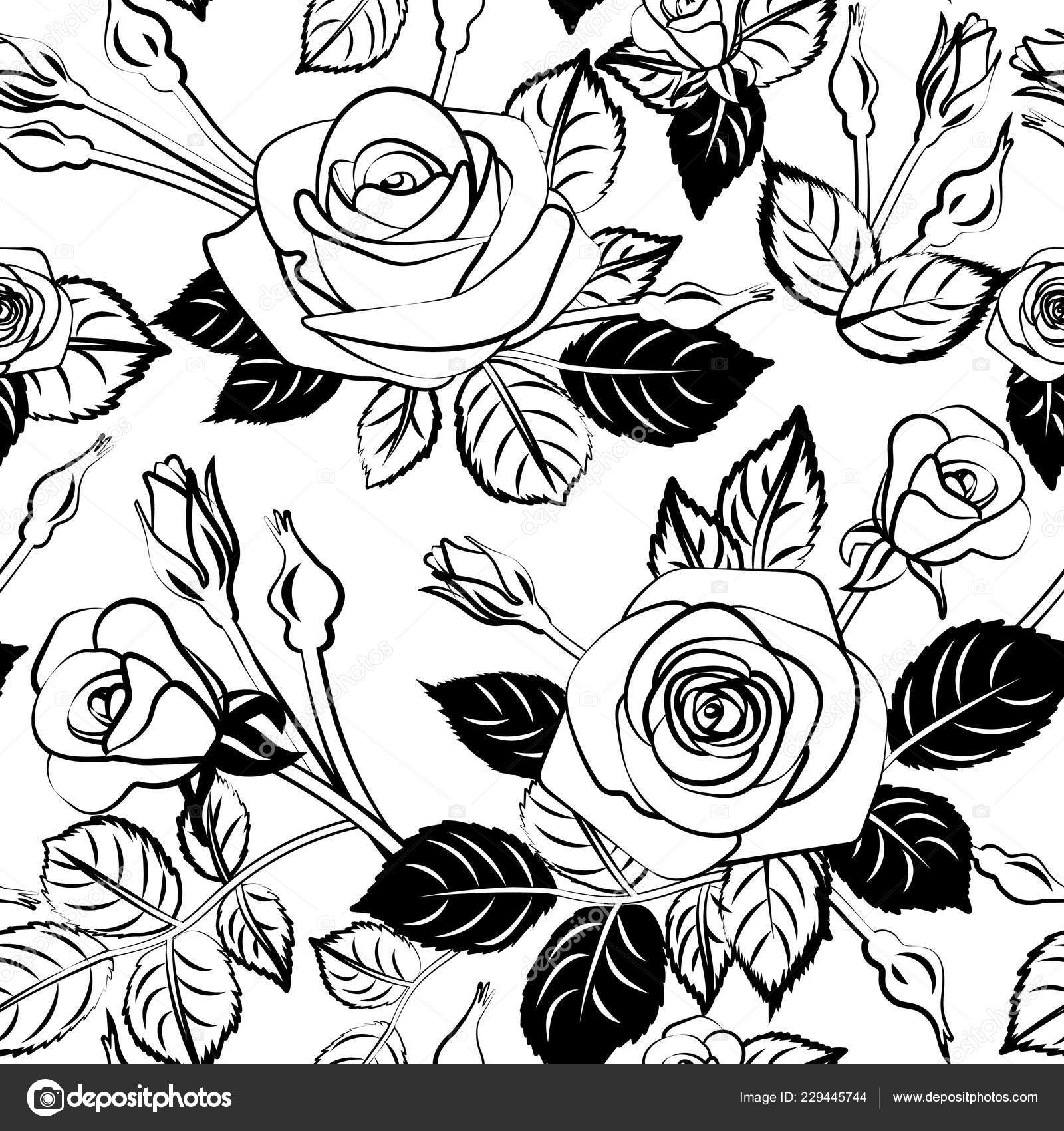 Monochrome seamless floral pattern with flowers rose, buds and