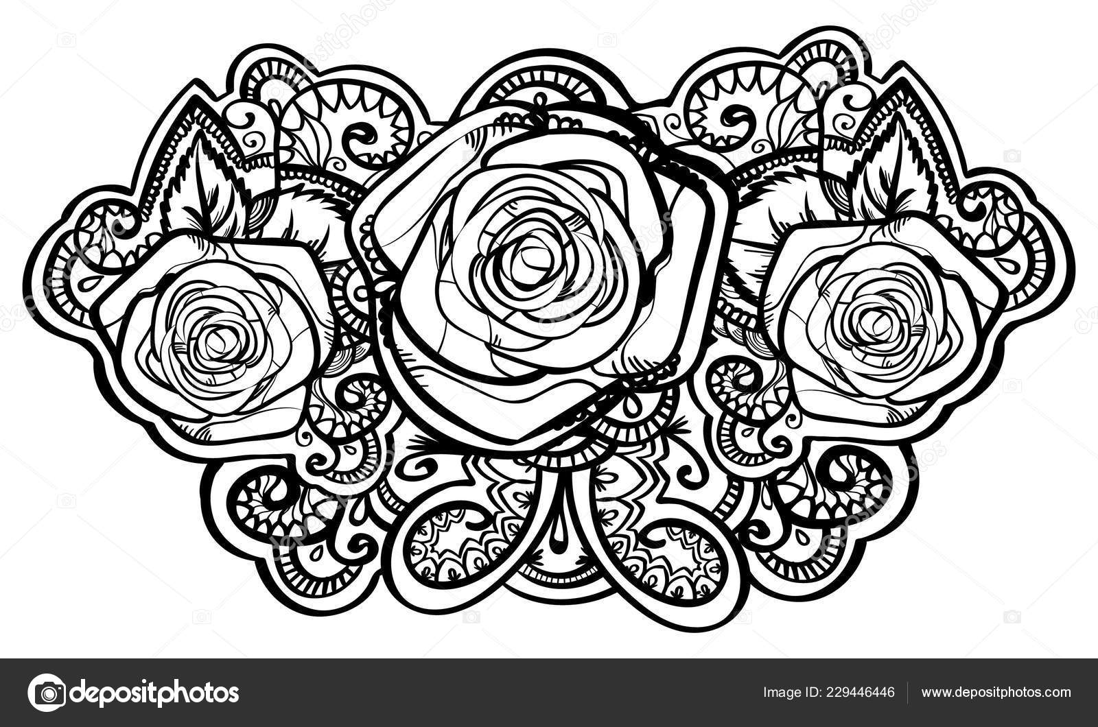 Beautiful Red Roses Composition Leafs Tracery Doodle Black Outline