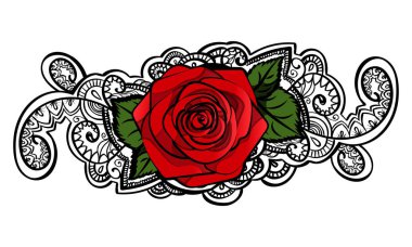 yapraklar ve tracery doodle ile güzel kırmızı gül kompozisyon, siyah anahat çizgi sanat beyaz izole. vektör illüstrasyon