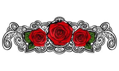 yapraklar ve tracery doodle ile güzel kırmızı gül kompozisyon, siyah anahat çizgi sanat beyaz izole. vektör illüstrasyon