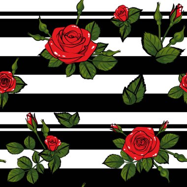 yeşil yapraklı kırmızı gül desen dikişsiz çizgili siyah ve beyaz çizgiler, vektör tekrar kiremit