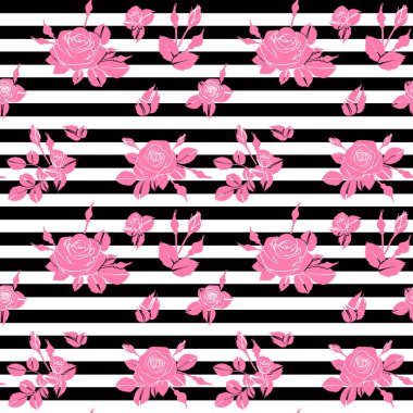 kırmızı gül desen seamles çizgili yeşil yapraklar siyah beyaz çizgiler, vektör tekrar kiremit