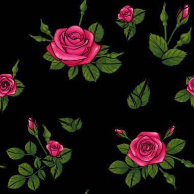 Yaprakların tomurcuklandığı, duvar kâğıdının üzerinde çiçek açan, tekrarlanabilir, dikişsiz desenli, dikme boşluğu çizimi olmayan romantik güller.