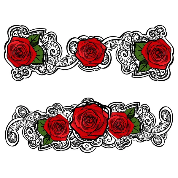 yapraklar ve tracery doodle ile güzel kırmızı gül kompozisyon, siyah anahat çizgi sanat beyaz izole. vektör illüstrasyon