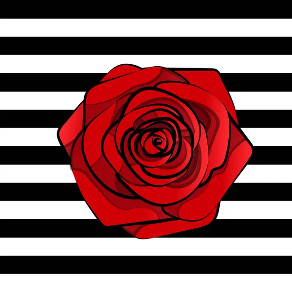 红玫瑰图案无缝条纹与绿叶黑白线 矢量重复瓷砖 — 图库矢量图片