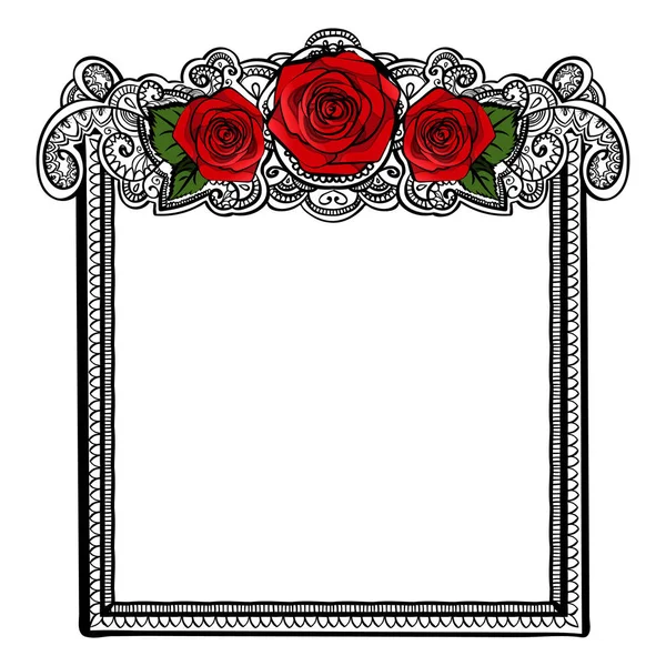 玫瑰边框 叶和梅恩迪 黑白相间的点缀手绘 矢量横幅图解背景 — 图库矢量图片