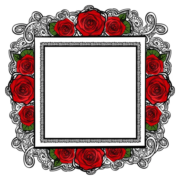 手绘玫瑰涂鸦框民族 轮廓线艺术轮廓隔离在白色 准备使用矢量插图 — 图库矢量图片